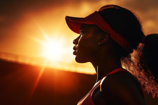 La stella del tennis afroamericana in ascesa in un berretto di visore si allena sul campo contro il sole brillante