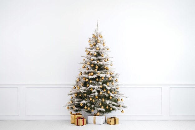 La storia del Natale un abete di Natale decorato su uno sfondo di legno duro bianco semplice IA generativa