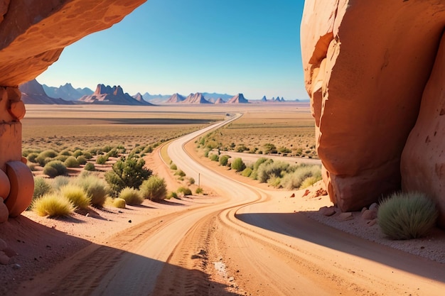 La strada attraverso il deserto è una desolata terra di nessun uomo strada del deserto carta da parati paesaggio di fondo