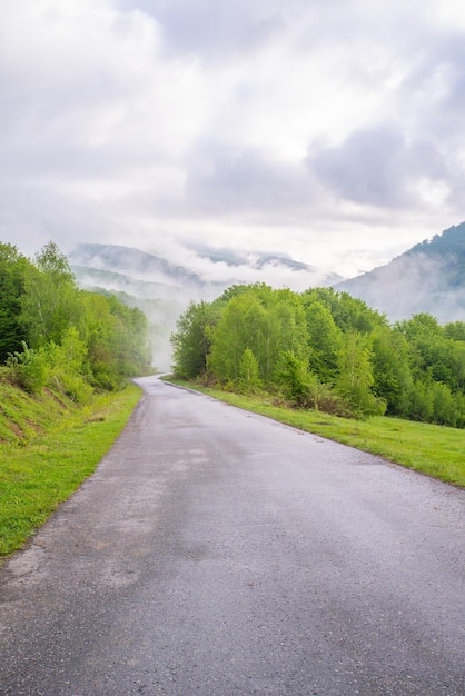 La strada conduce alle montagne coperte di nebbia