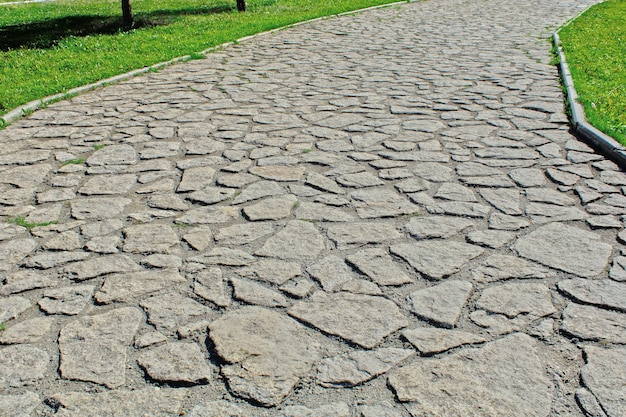 La strada di pietre grigie sullo sfondo di prati verdi nel parco cittadino Posto per camminare