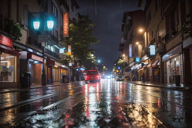 La strada illuminata della città si riflette nell'acqua bagnata del canale