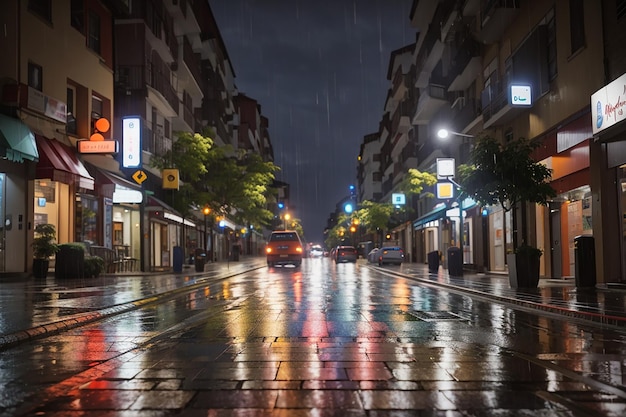 La strada illuminata della città si riflette nell'acqua bagnata del canale