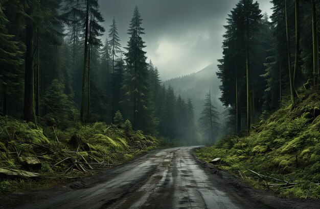 La strada nella foresta nebbiosa in un giorno di pioggia