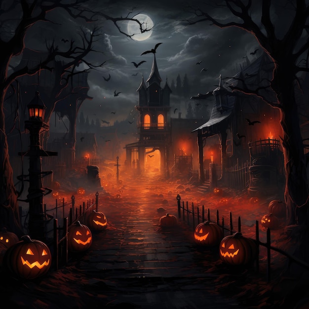 la strada per il castello con zucche luminose e raccapriccianti nella notte Biglietto d'auguri di Halloween