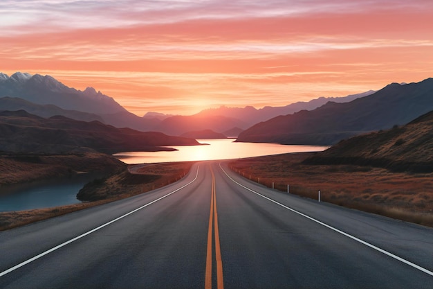 La strada per il lago al tramonto