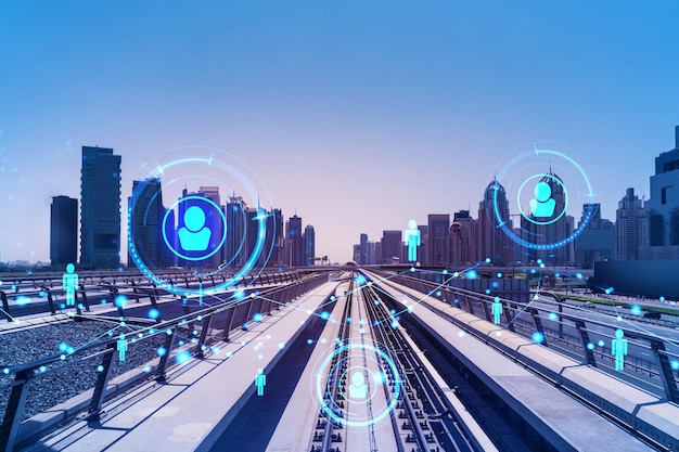 La strada verso i grattacieli con il moderno treno futuristico La ferrovia tecnologica offre ai pendolari il centro finanziario di Dubai social network concept persone icona disegni Doppia esposizione