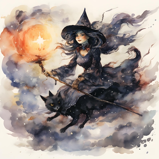La strega della notte di Halloween che vola su una scopa
