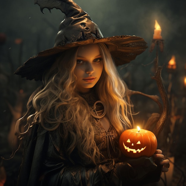 La strega di Halloween con le zucche sullo sfondoIllustrazione generativa di AIHalloween zucca