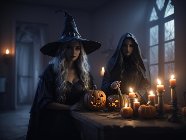 La strega e il fantasma di Halloween siedono nella stanza inquietante di Halloween