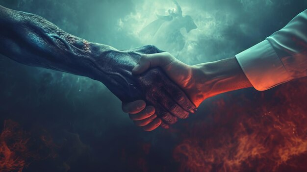 La stretta di mano tra l'uomo e il diavolo simboleggia un affare rischioso o un accordo commerciale pericoloso La mano dell'uomo e del demonio è una metafora di un cattivo contratto o di un modo non etico di gestire l'azienda