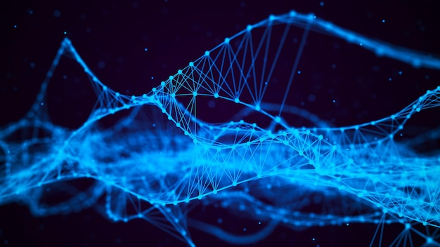 La struttura della scienza e della tecnologia della medicina del DNA Sfondo blu con un'onda di linee e particelle Il concetto di cellula genica Rendering 3d di big data
