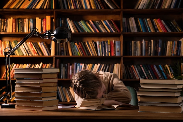 La studentessa stanca dorme mettendo la testa sul quaderno tra pile di libri sul tavolo di legno contro la libreria sotto la luce elettrica in tarda serata a casa