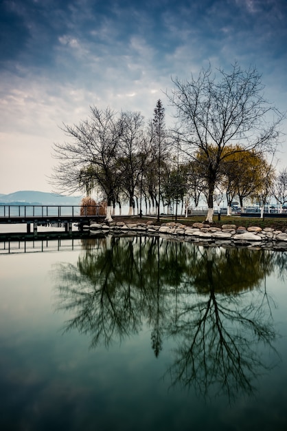 La superficie calma del lago e il riflesso degli alberi