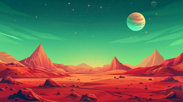 La superficie del deserto rosso di Marte è punteggiata da montagne crateri Saturno e stelle come è impostato contro il cielo verde sfondo di gioco per computer extraterrestre marziano cartone animato illustrazione moderna