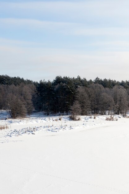 La superficie del fiume ricoperta di ghiaccio e neve congelata nella stagione invernale