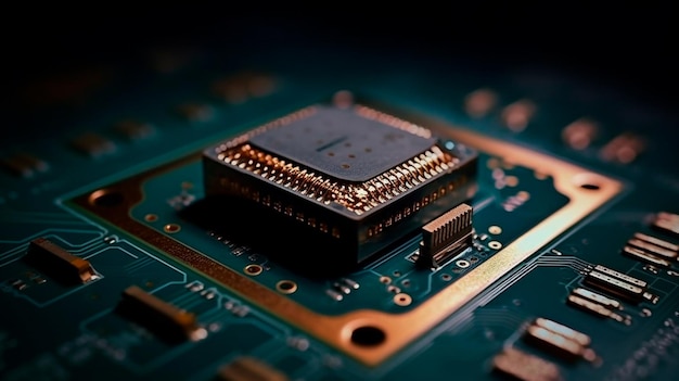 La superficie del microchip ingrandisce il computer macro tech creato dall'IA generativa