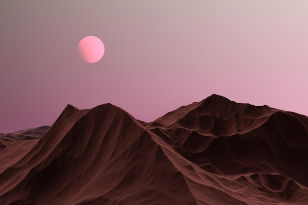 La superficie rosa del pianeta Montagne su un pianeta futuristico rosa Paesaggio astratto di un rendering 3D pianeta scifi