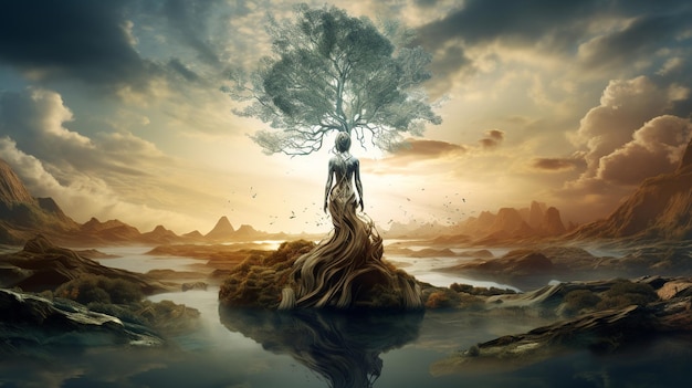 La surreale trasformazione dell'albero umano in un paesaggio onirico