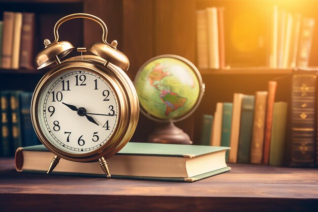 La sveglia e il globo da tavolo si trovano sul tavolo sullo sfondo dei libri Giornata mondiale degli insegnanti e degli studenti