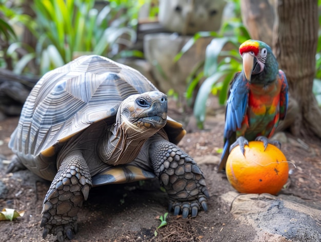 La tartaruga gigante delle Galapagos e il colorato pappagallo macao in un ambiente rigoglioso con frutti tropicali
