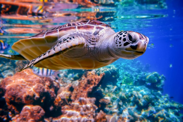 La tartaruga marina nuota sott'acqua sullo sfondo delle barriere coralline. Barriera corallina dell'Oceano Indiano delle Maldive.