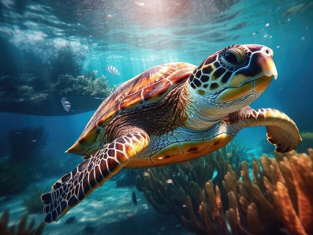 La tartaruga marina nuota sotto l'acqua blu