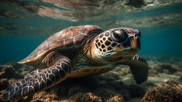 La tartaruga nuota sott'acqua nel mare