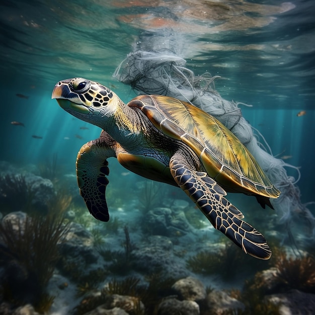 La tartaruga nuota vicino a un sacchetto di plastica L'inquinamento da plastica nell'oceano AI generativa