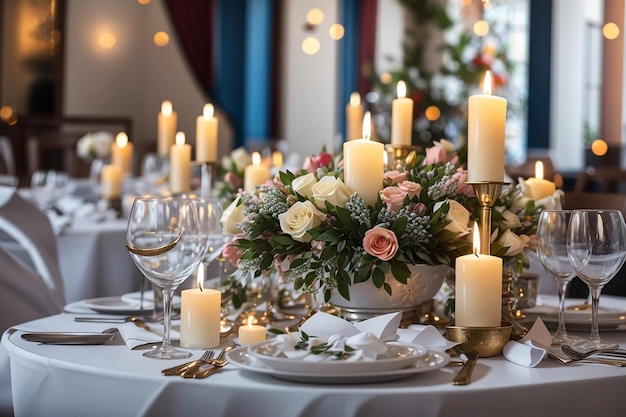 La tavola festiva del ristorante è decorata con candele e fiori