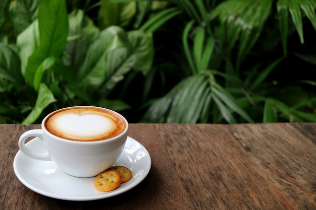 La tazza di caffè caldo del cappuccino con i biscotti è servito sulla Tabella di legno con fogliame verde confuso