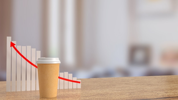 La tazza di caffè e il grafico sul tavolo nella caffetteria per il rendering 3d del concetto di bevanda calda