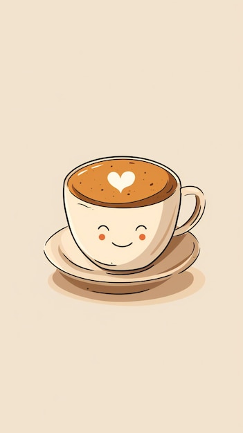 La tazza di caffè sorridente con l'arte della schiuma a forma di cuore Illustrazione di bevande calde