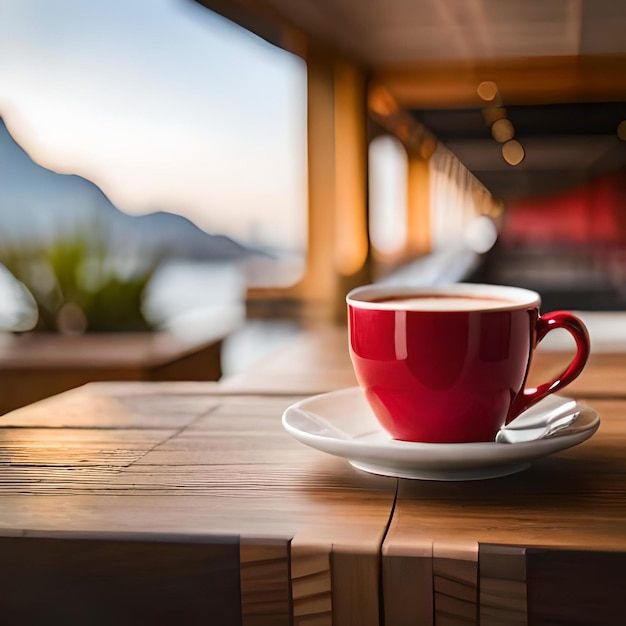 La tazza di caffè su un tavolo di legno in una caffetteria sfoca lo sfondo in stile vintage effetto immagine una calma