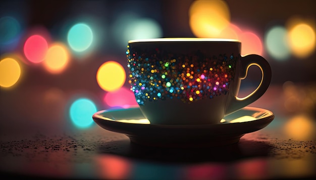 La tazza di caffè sul tavolo con la scintilla colorata illumina l'atmosfera magica nella caffetteria