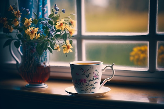 La tazza di tè si trova sul davanzale della finestra accanto al vaso di fiori IA generativa