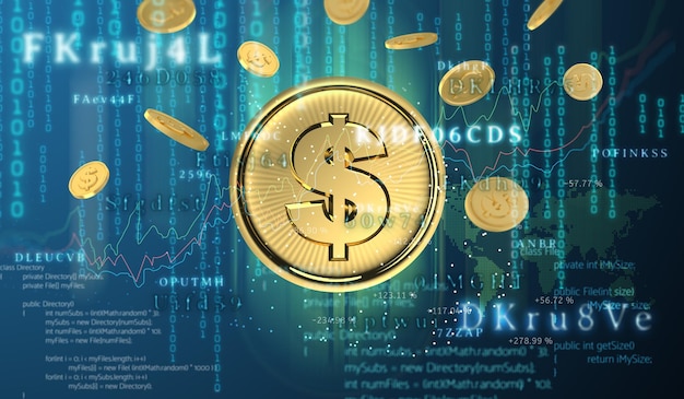 La tecnologia del segno del dollaro della moneta d'oro digitale è trasferita in tutto il mondo nel futuro business mondiale con i big data e il codice di sicurezza su sfondo scuro banner illustrazione 3d