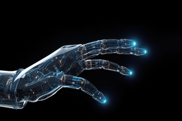 La tecnologia dell'intelligenza artificiale e il puntamento di una mano robotica vengono utilizzati in background