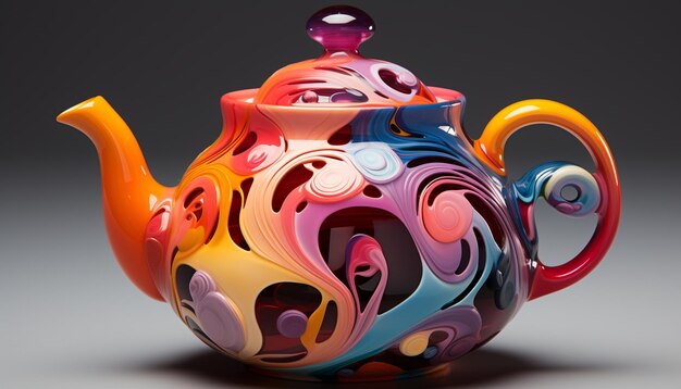 La teiera versa il tè caldo, la ceramica decorata raffigura una celebrazione tradizionale generata dall'intelligenza artificiale