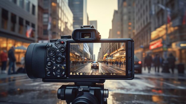 La telecamera su un treppiede cattura una vivace strada della città al crepuscolo