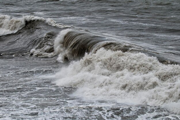 La tempesta di mare ondeggia sulla riva