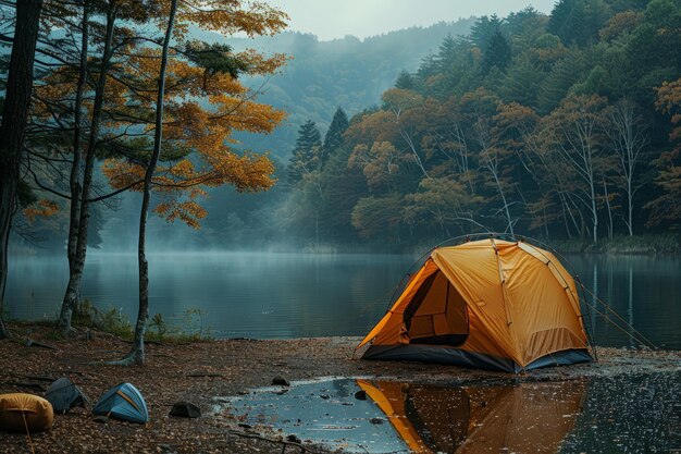 La tenda è appoggiata sulla riva del lago