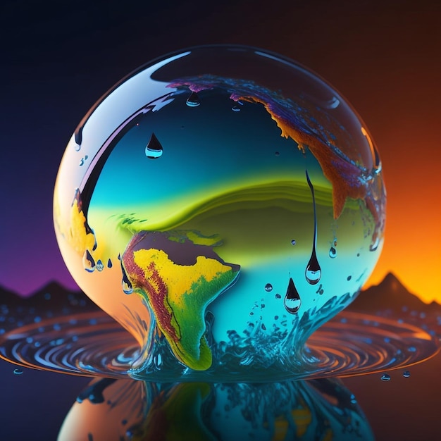 La terra dentro una goccia d'acqua di colori vibranti
