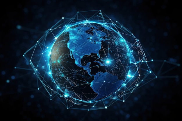 La terra è circondata da linee collegate e punti generativi AI