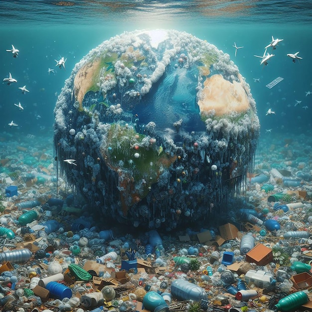 La terra galleggia nel mare pieno di spazzatura e inquinamento