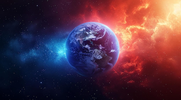 La Terra in rotazione in un ambiente turchese scuro e rosso chiaro