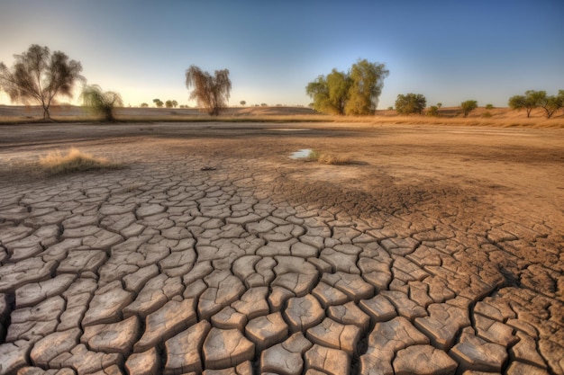 La terra screpolata di un letto di lago colpito dalla siccità