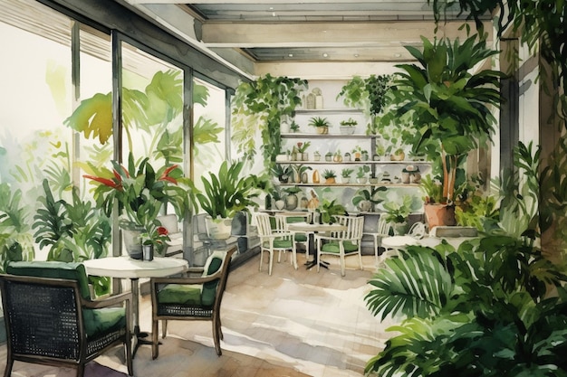 La terrazza è adornata da lussureggianti piante da interno verdi