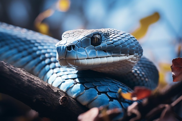 La testa dell'animale selvatico del serpente della vipera blu sembra feroce nel ramo di un albero il giorno luminoso