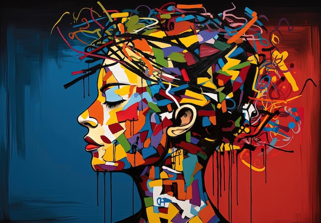 la testa della persona ha un dipinto colorato su di essa con un cervello all'interno nello stile di graffiti grafici